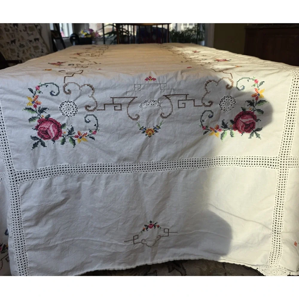 VTG Embroidered Cross Stitch Linen Tablecloth 112x64 White Crochet Edge Handmade